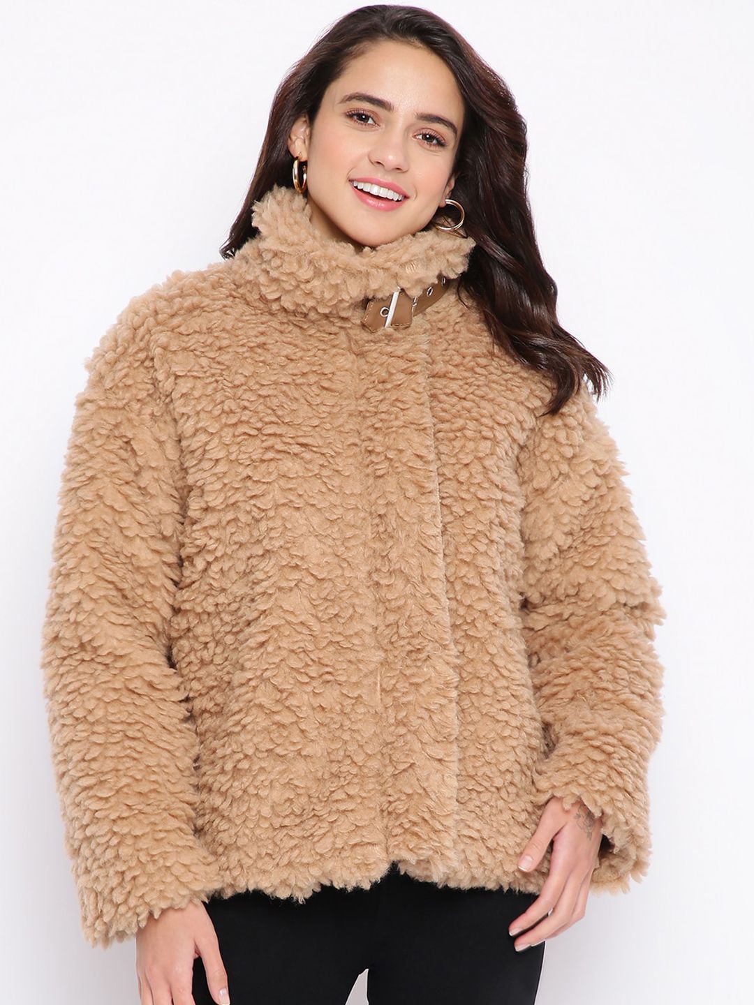 iki chic Women Beige Self Design Faux Fur Tailored Jacket Price in India