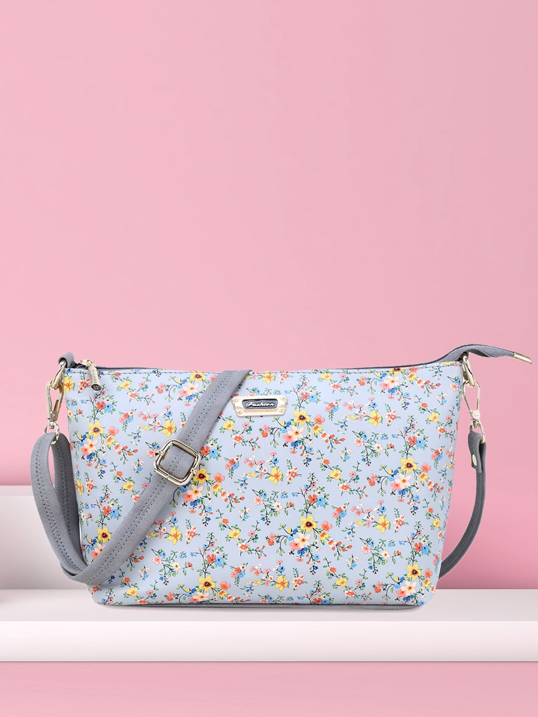 WOMEN MARKS Grey Floral Printed PU Structured Sling Bag Price in India