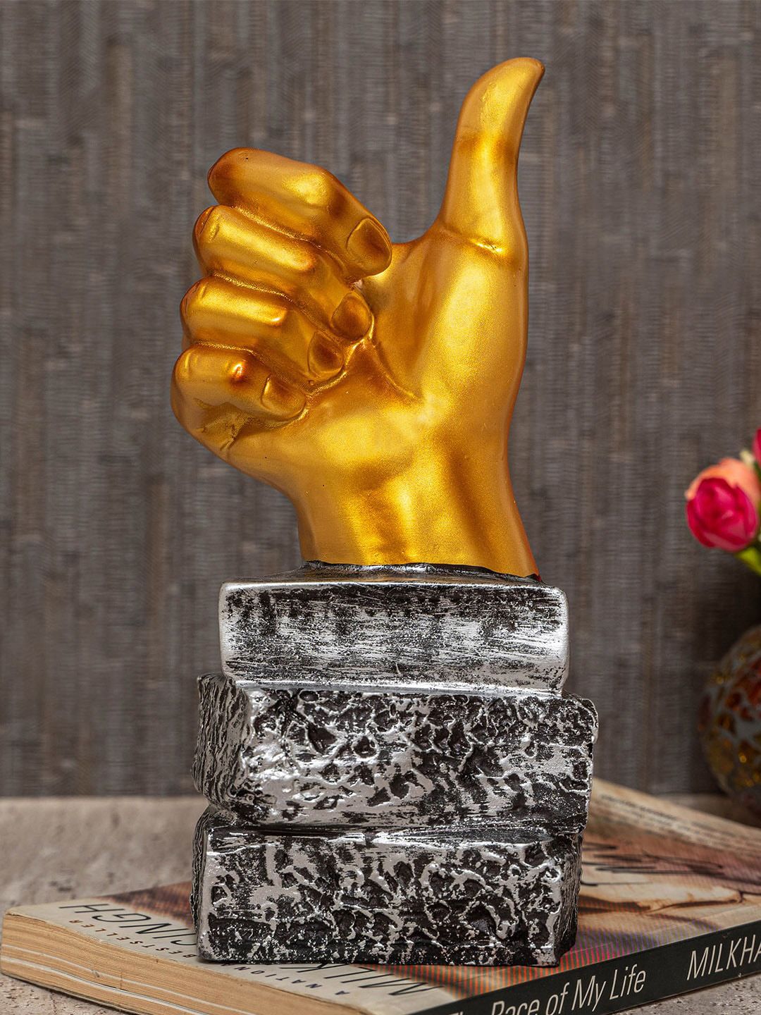 TIED RIBBONS Gold-Coloured & Black Thumbs Up Sign Statue Showpiece Price in India