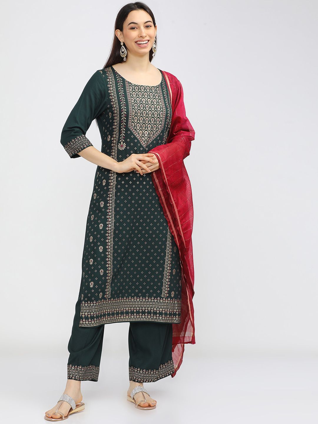 Vishudh Women Green Embroidered Kurta with Trousers & With Dupatta Price in India