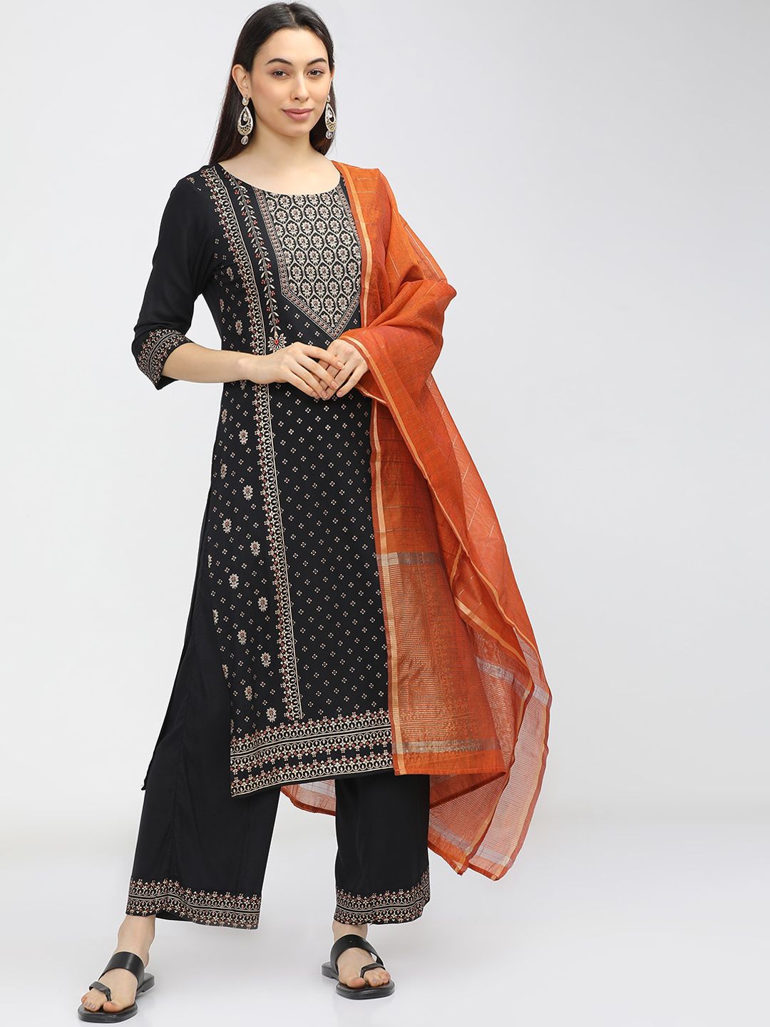 Vishudh Women Black Ethnic Motifs Printed Kurta with Trousers & With Dupatta Price in India