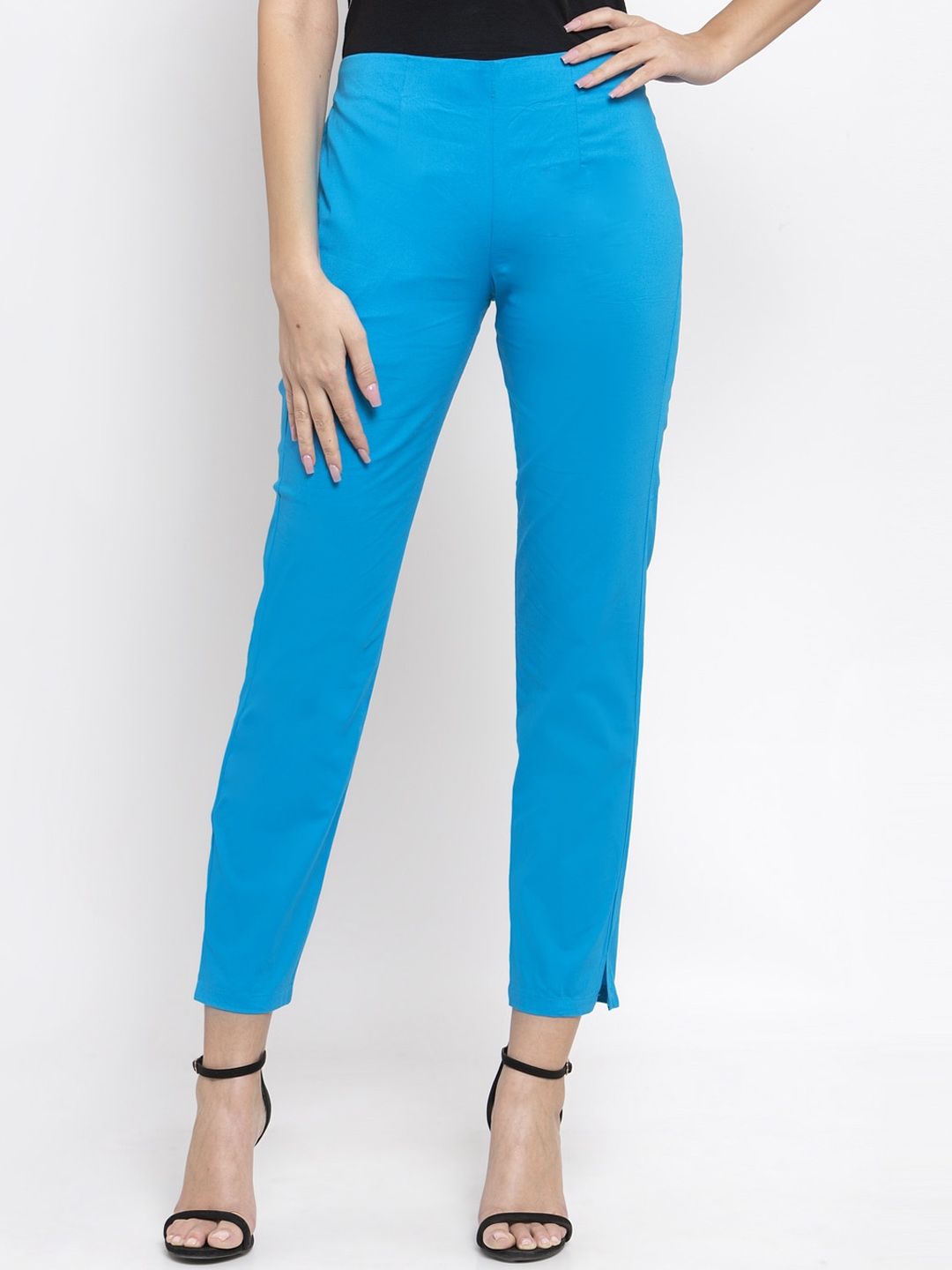 Jompers Women Turquoise Blue Smart Slim Fit Low-Rise Trousers Price in India