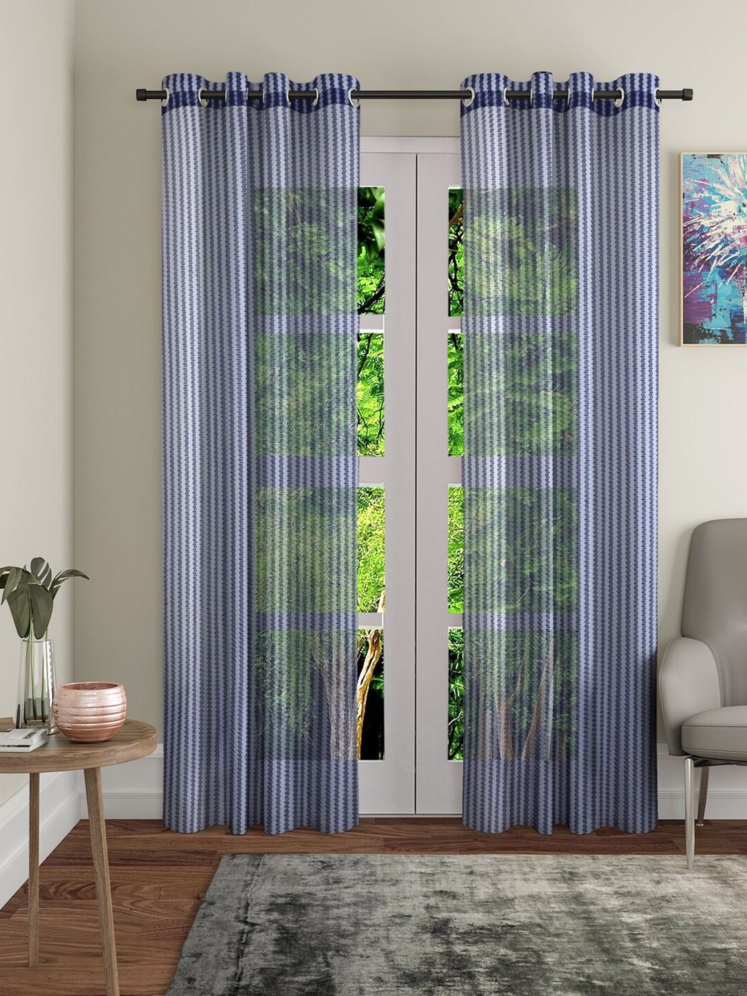 Home Sizzler Blue Set of 2 Striped Sheer Long Door Curtain Price in India