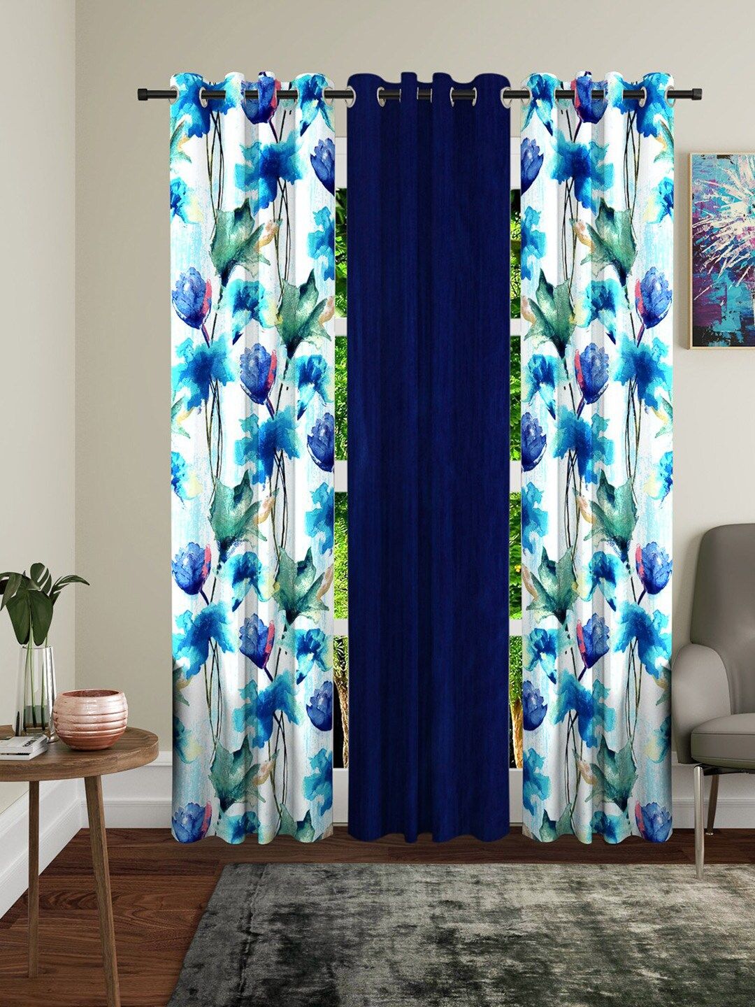 Home Sizzler Blue & Green Set of 3 Floral Long Door Curtain Price in India