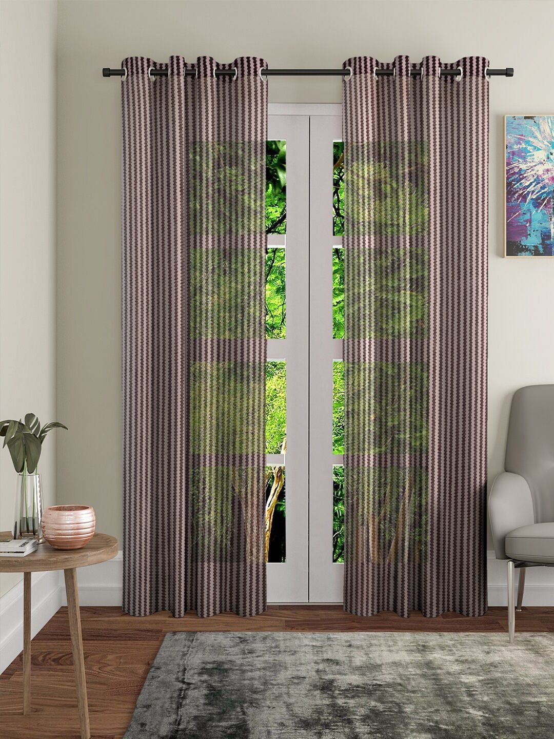 Home Sizzler Brown Set of 2 Striped Sheer Long Door Curtain Price in India