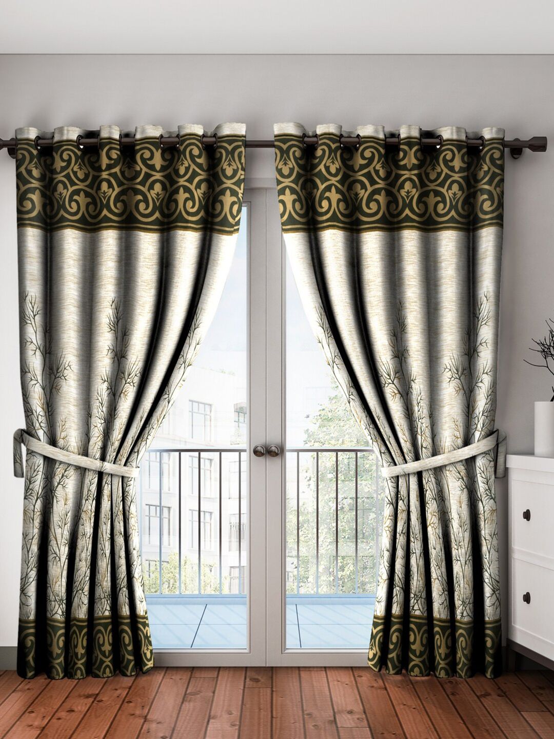 Home Sizzler Green & Grey Set of 2 Floral Printed Long Door Curtain Price in India
