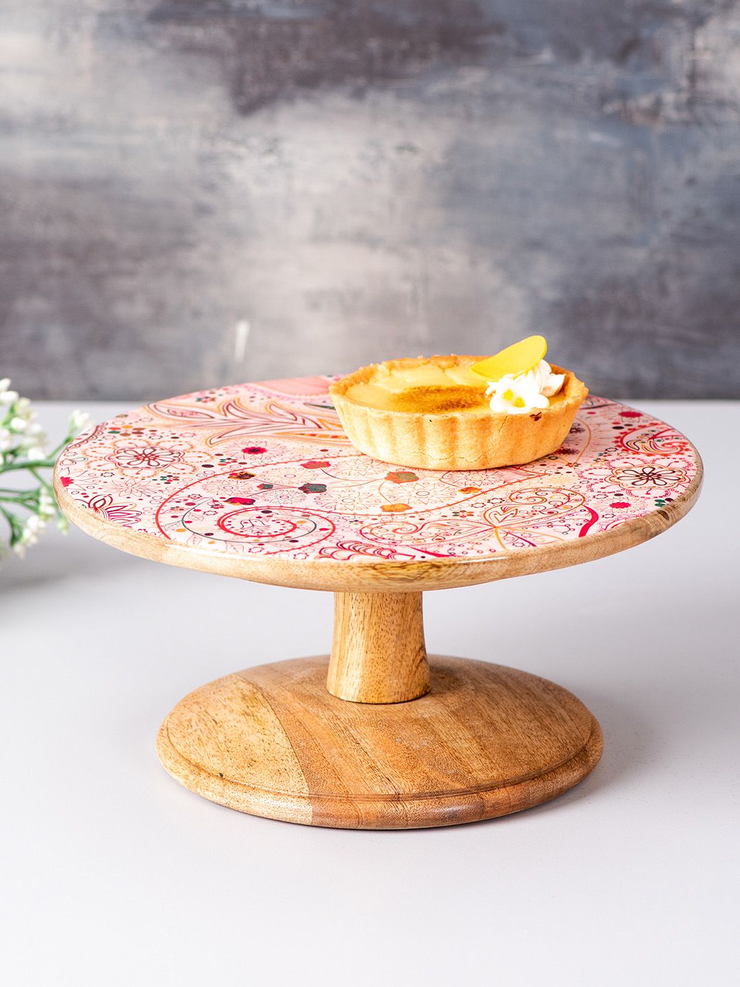 nestroots Pink & Brown Printed Teak Wood Cake Stand Price in India
