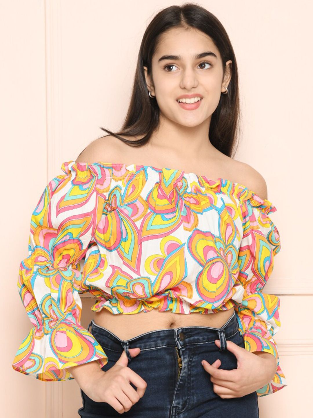 LilPicks Girls Multicoloured Floral Print Cotton Off-Shoulder Bardot Crop Top