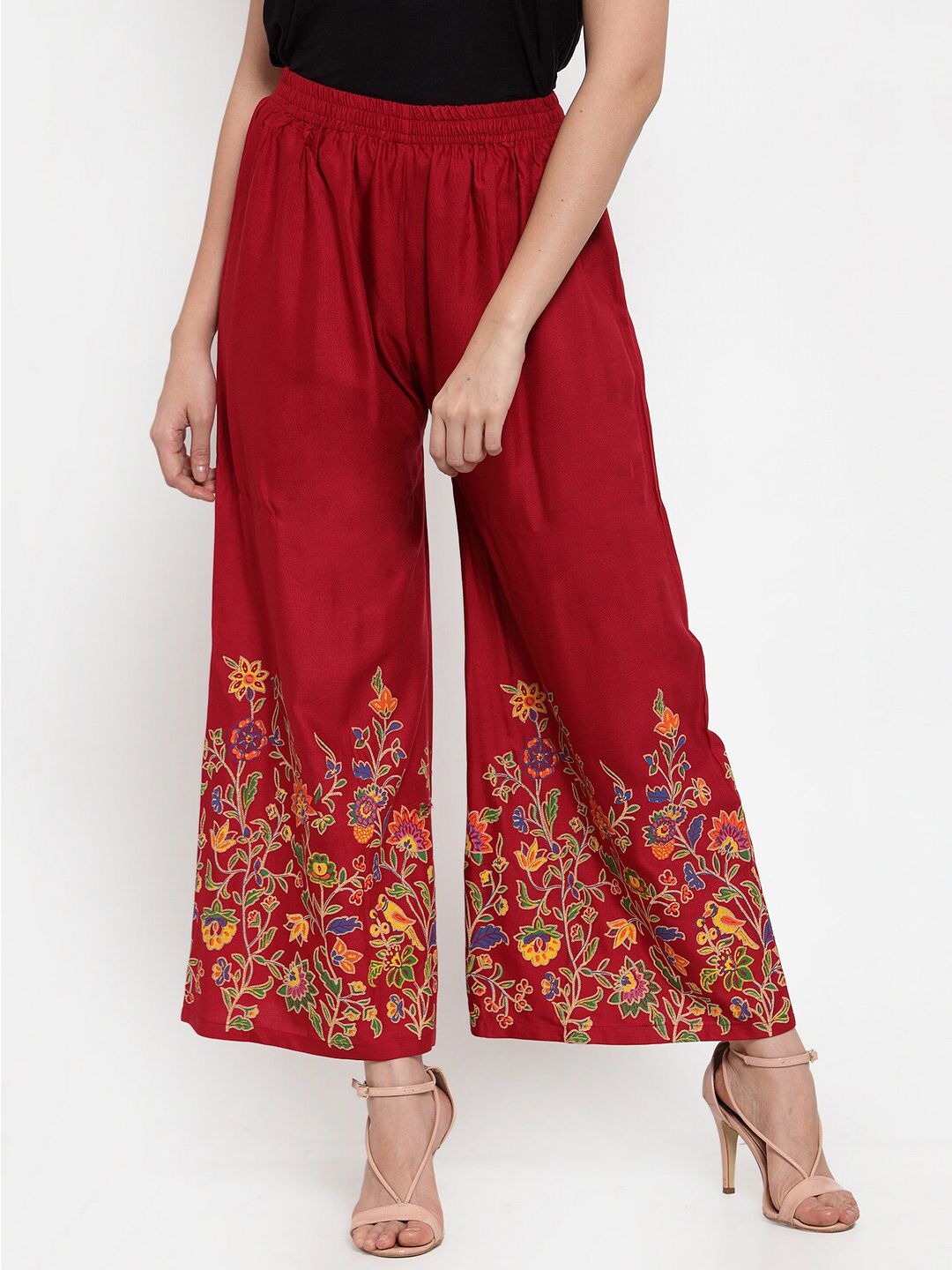 Jompers Women Red & Gold-Toned Floral Embroidered Ethnic Palazzos Price in India