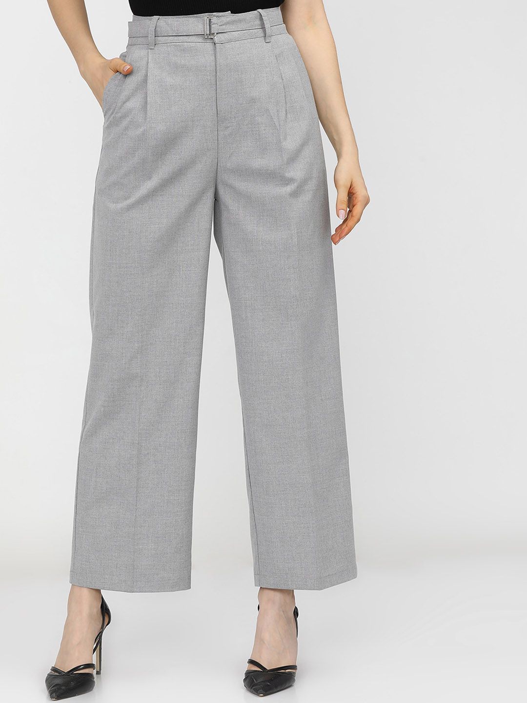 CHIC BY TOKYO TALKIES Women Grey Textured Flared Pleated Trousers Price in India