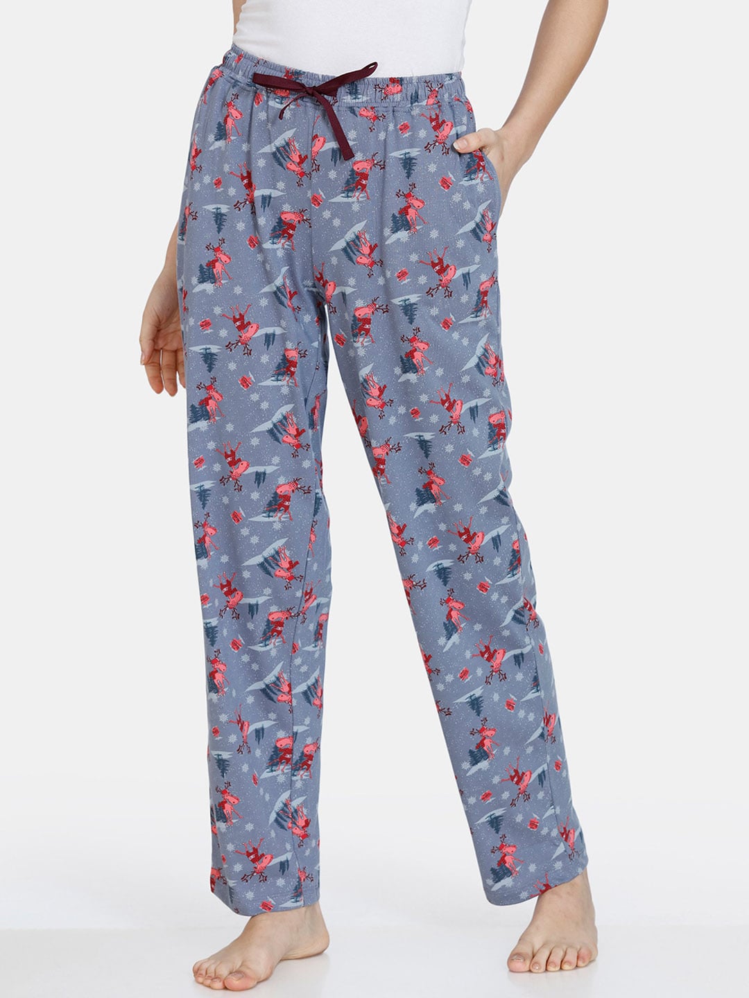 Zivame Women Grey Reindeer Knit Cotton Pyjama Price in India