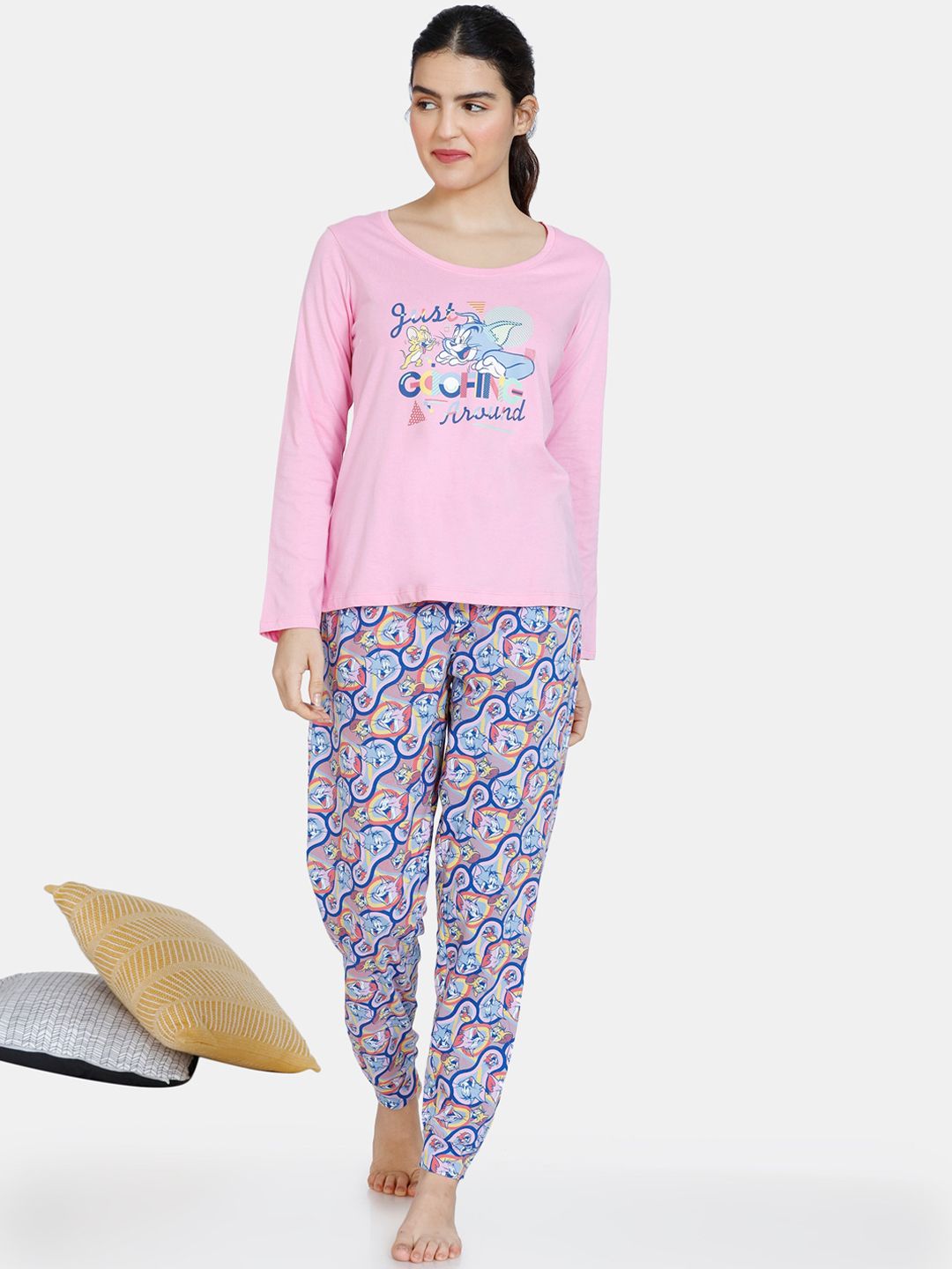 Zivame Women Blue & Pink Cartoon Characters Printed Night suit Price in India