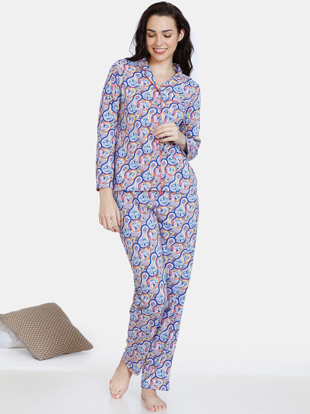 Zivame Women Blue & Yellow Printed Pure Cotton Night suit Price in India