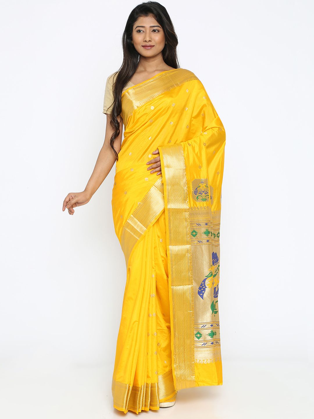Varkala Silk Sarees Yellow Art Silk Paithani Traditional Saree Price in India