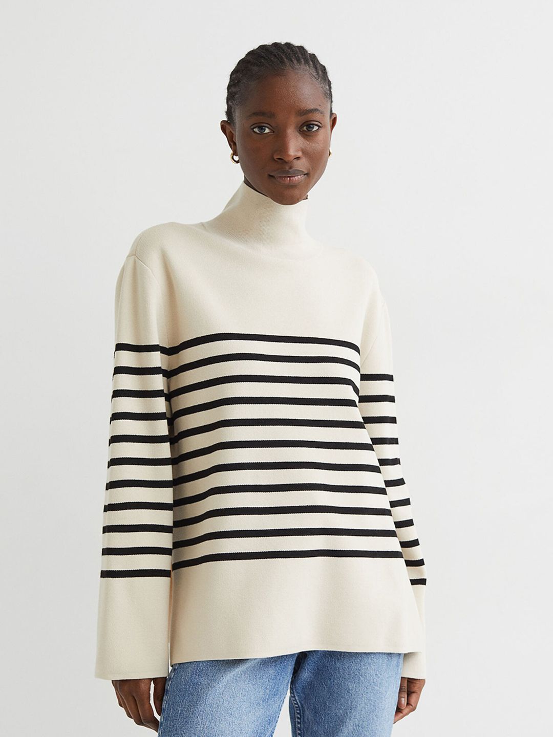 H&M Women Beige & Black Striped High-Collar Jumper Price in India