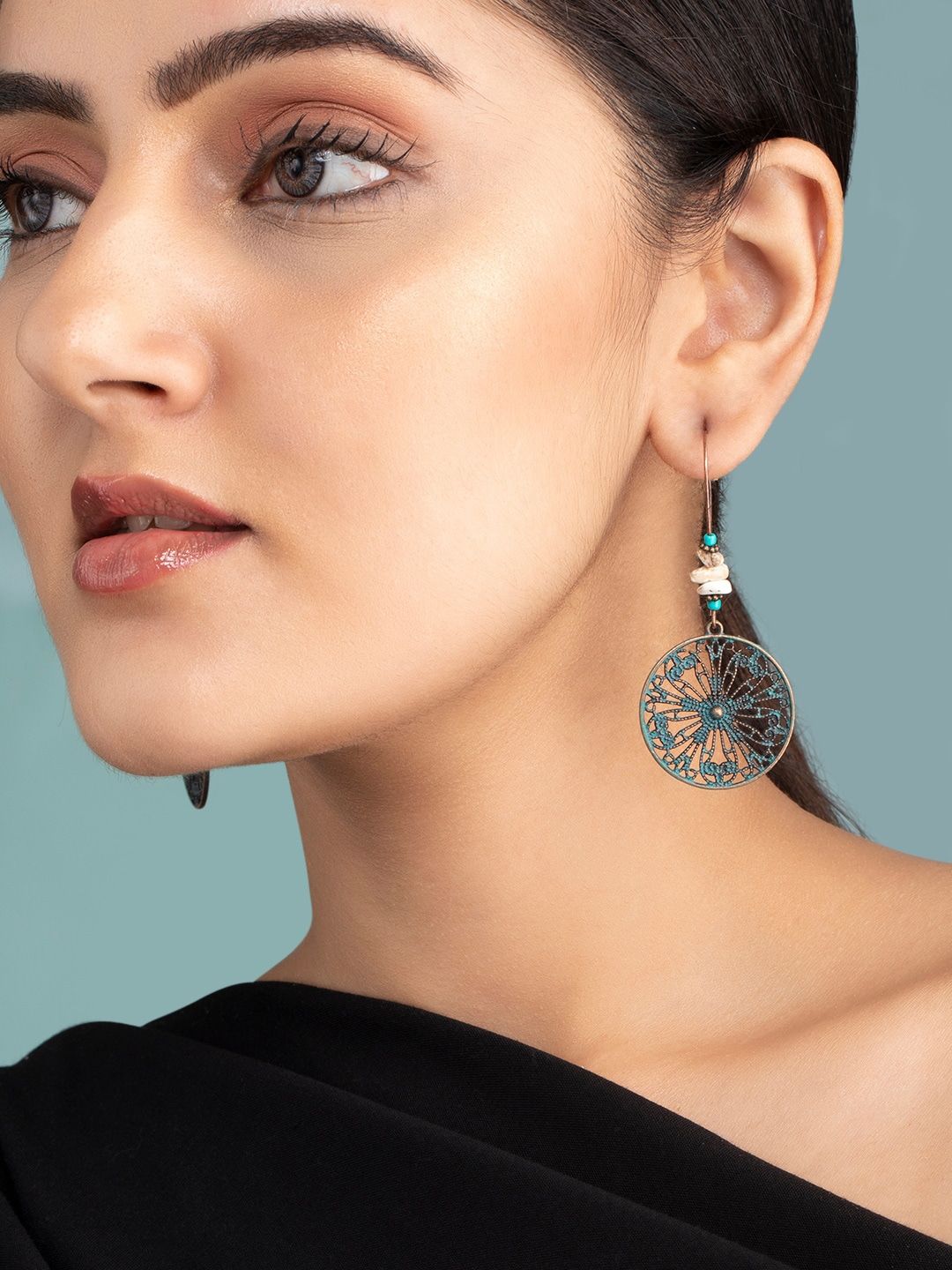 TOKYO TALKIES X rubans FASHION ACCESSORIES Blue & Bronze-Toned Circular Drop Earrings Price in India