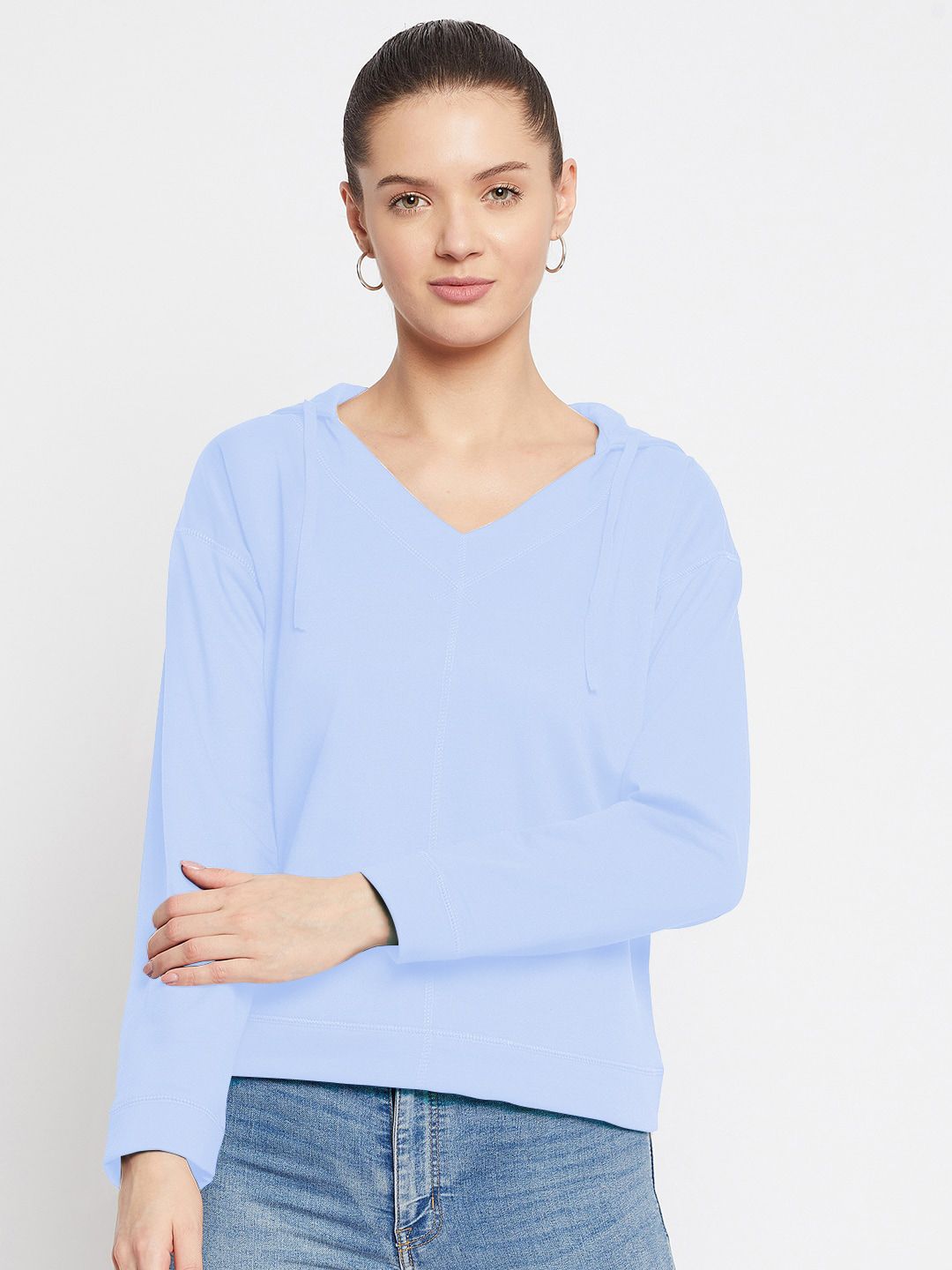 FRENCH FLEXIOUS Women Blue Hooded Cotton Blend Sweatshirt Price in India