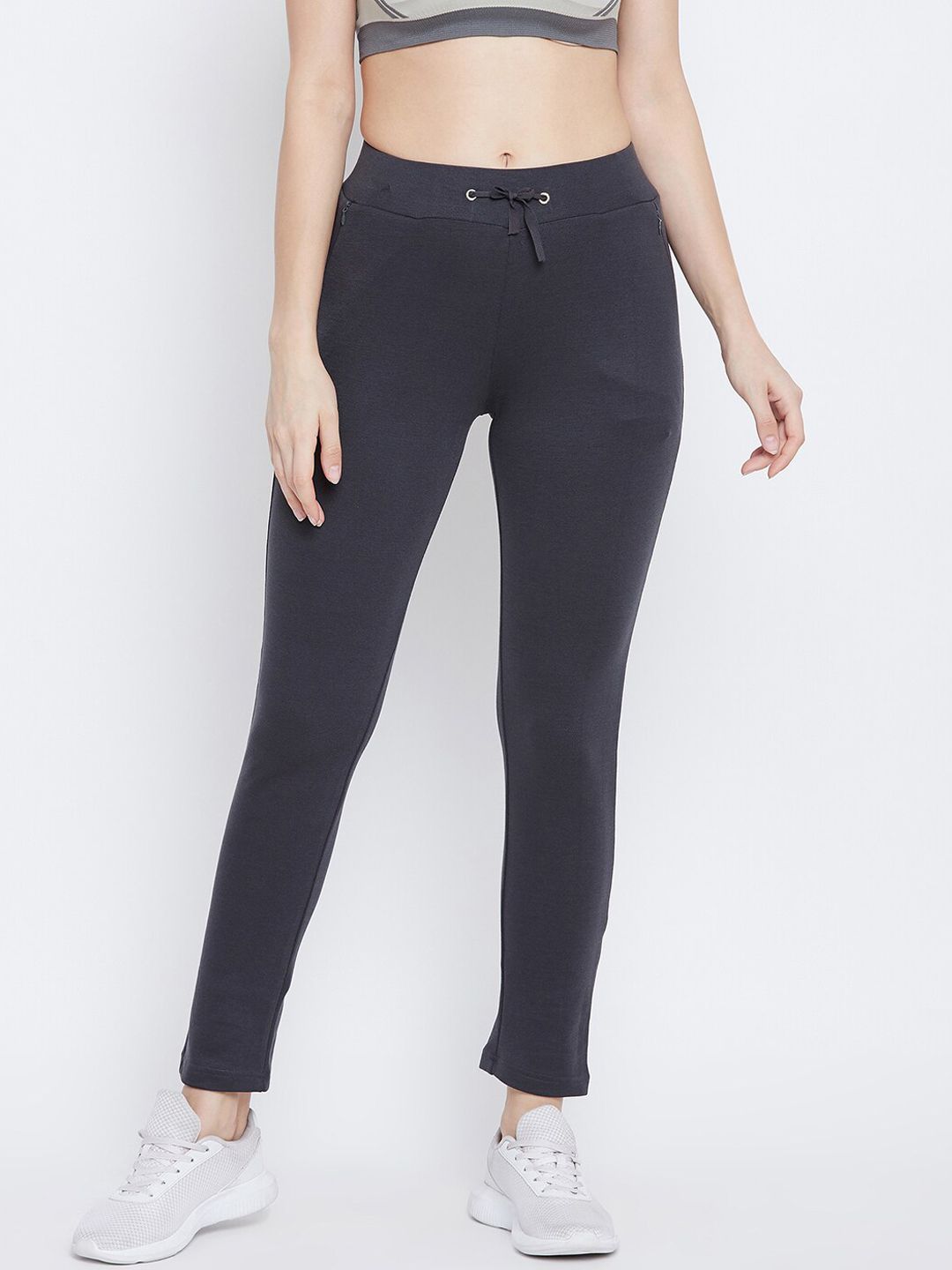 FRENCH FLEXIOUS Women Charcoal-Grey Solid Slim-Fit Track Pants Price in India