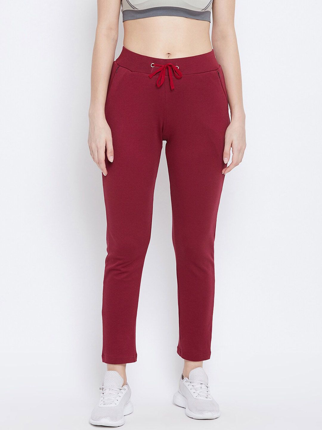 FRENCH FLEXIOUS Women Maroon Solid Slim-Fit Track Pants Price in India