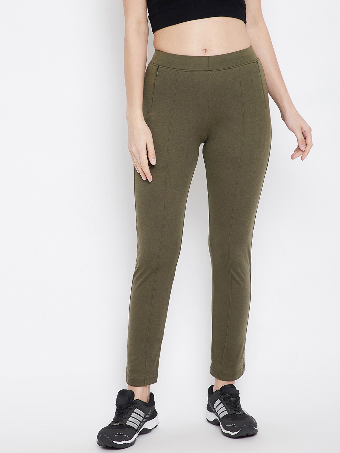 FRENCH FLEXIOUS Women Olive-Green Solid Track Pants Price in India