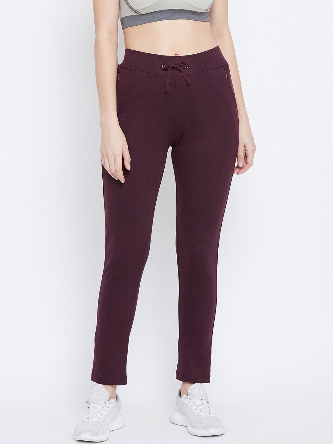 FRENCH FLEXIOUS Women Burgundy Solid Slim-Fit Track Pants Price in India