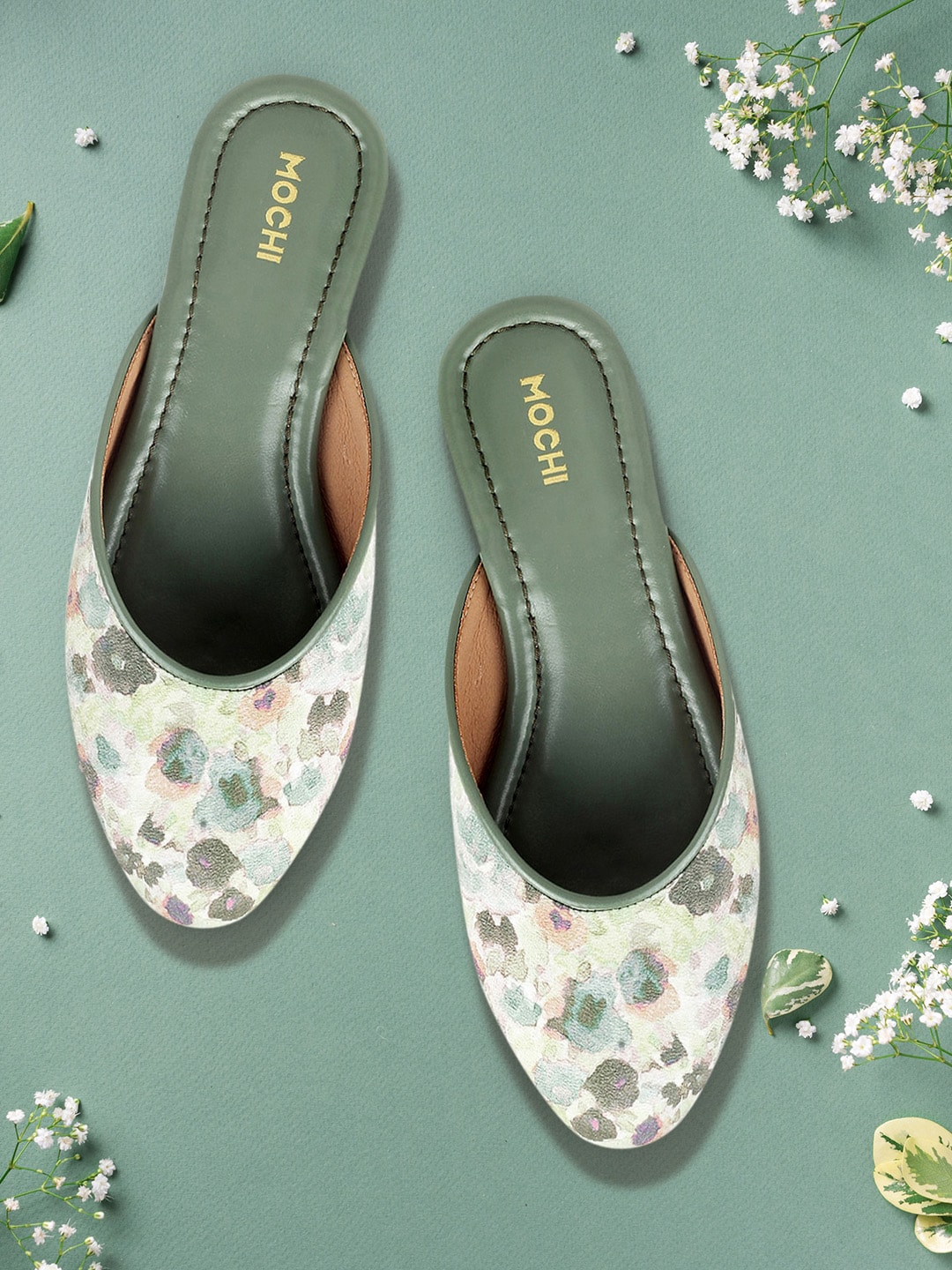 Mochi Women Green Floral Block Mules Price in India