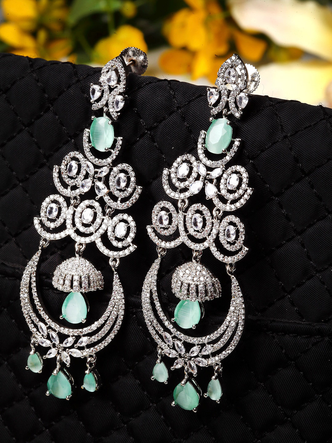 ZENEME Silver-Plated & Lime Green American Diamond Studded Contemporary Drop Earrings Price in India