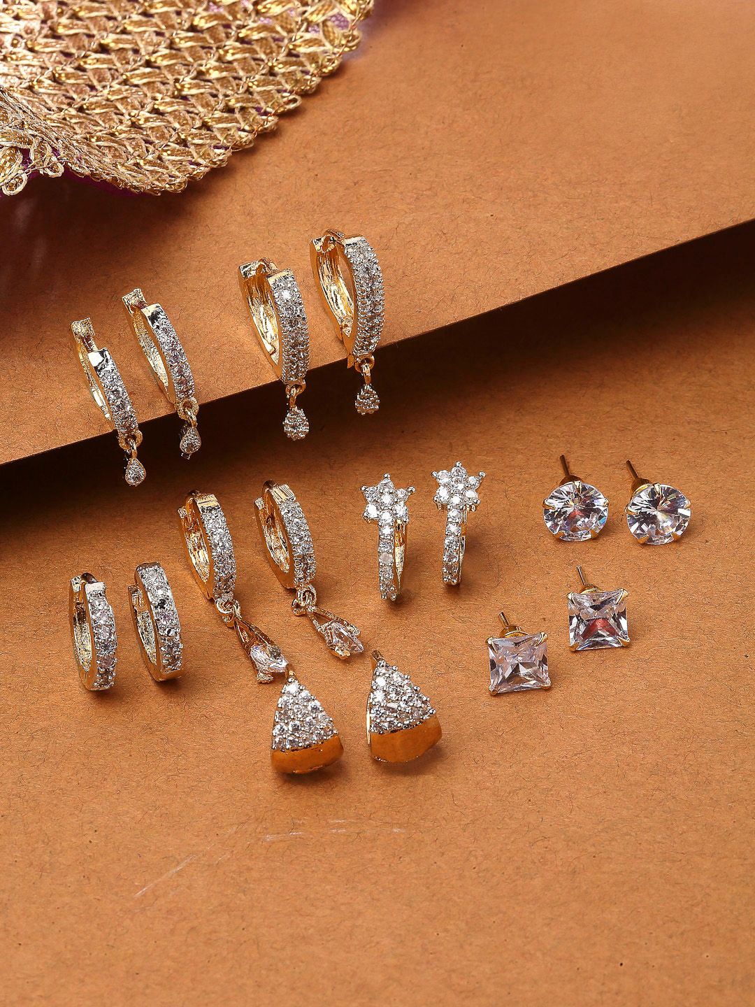 ZENEME White Set Of 8 White Stone Studded Geometric Earrings Price in India