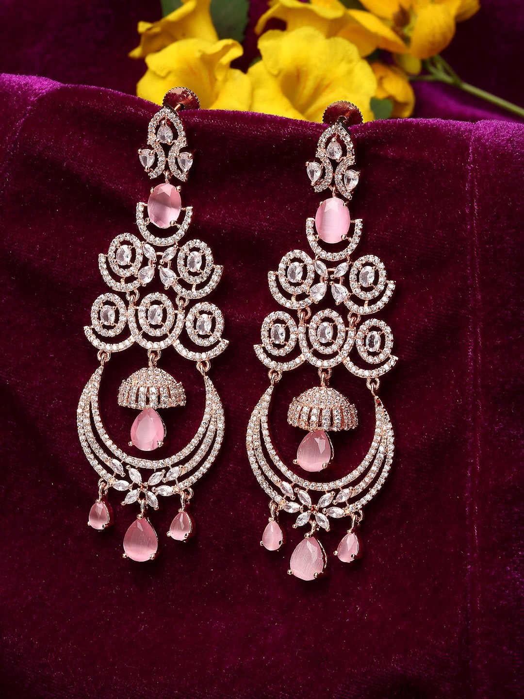 ZENEME Rose Gold-Plated & Peach-Coloured American Diamond Studded Drop Earrings Price in India