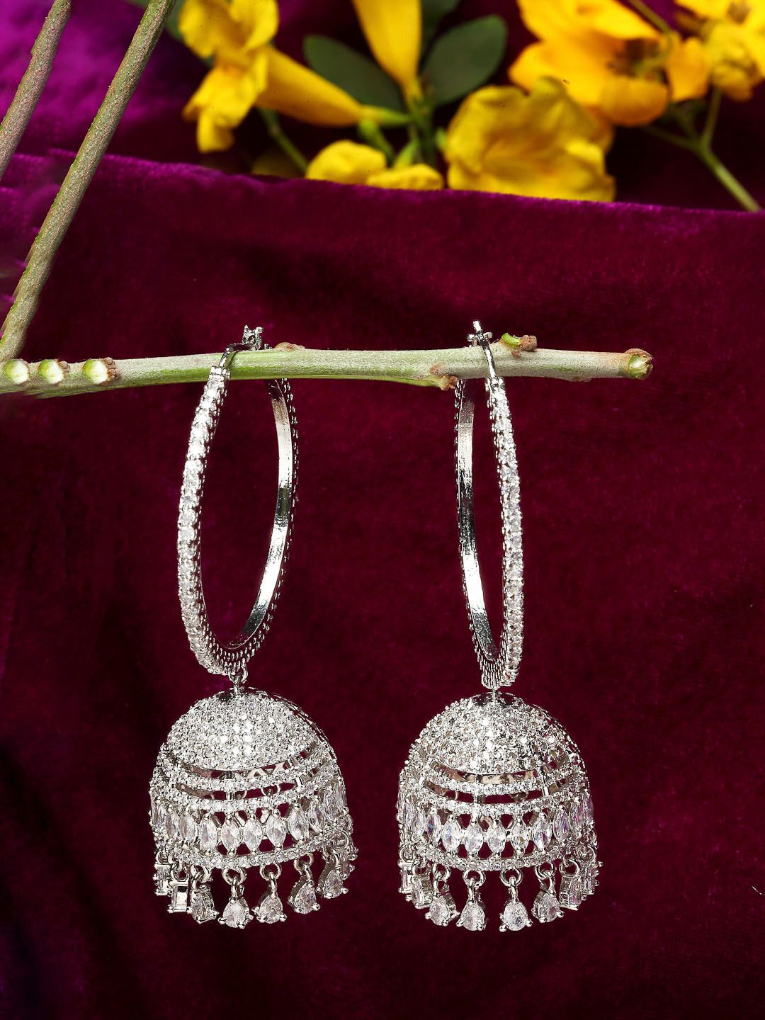 ZENEME Silver-Plated Dome Shaped Jhumkas Earrings Price in India