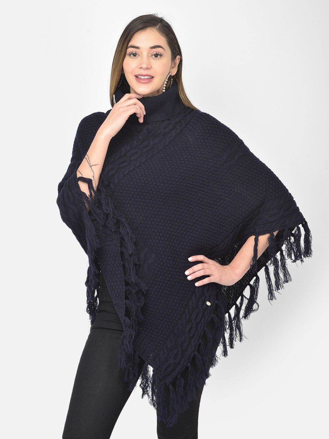 Latin Quarters Women Navy Blue Cable Knit Poncho Price in India