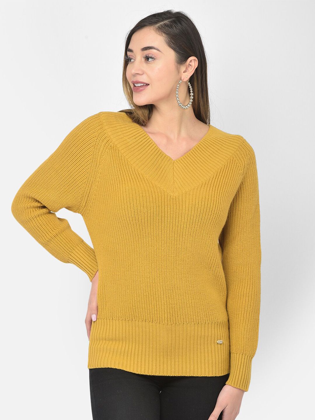 Latin Quarters Women Mustard Yellow Ribbed Acrylic Pullover Price in India