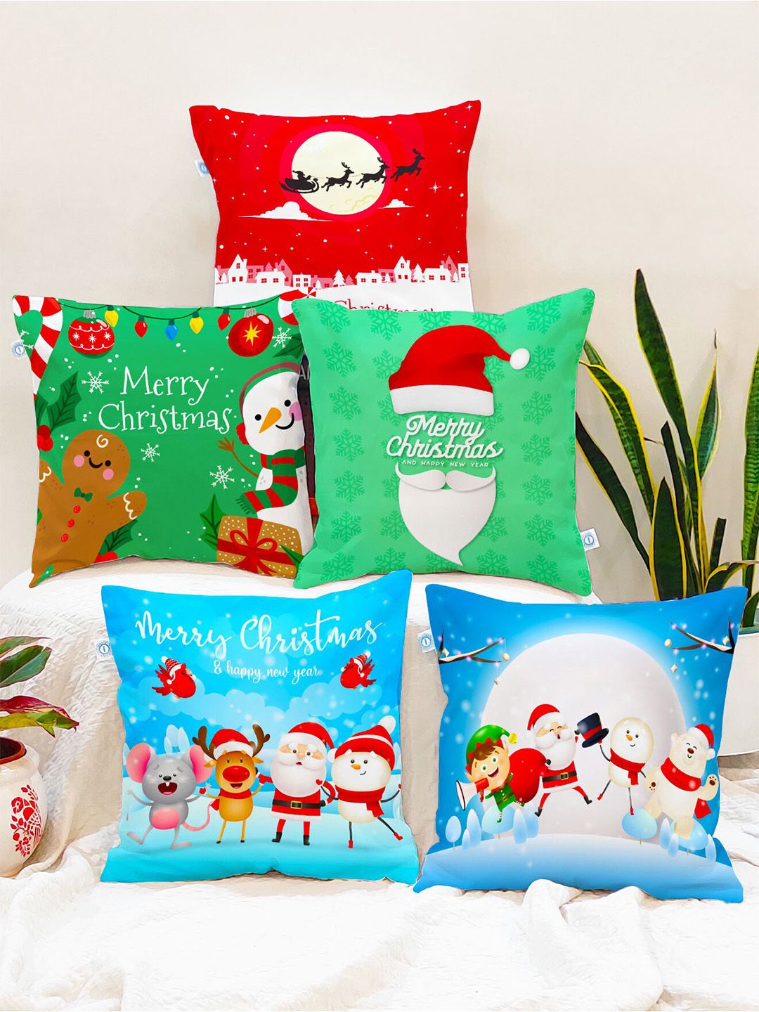 STITCHNEST Set of 5 Green & Red Cotton Canvas Cushion Cover