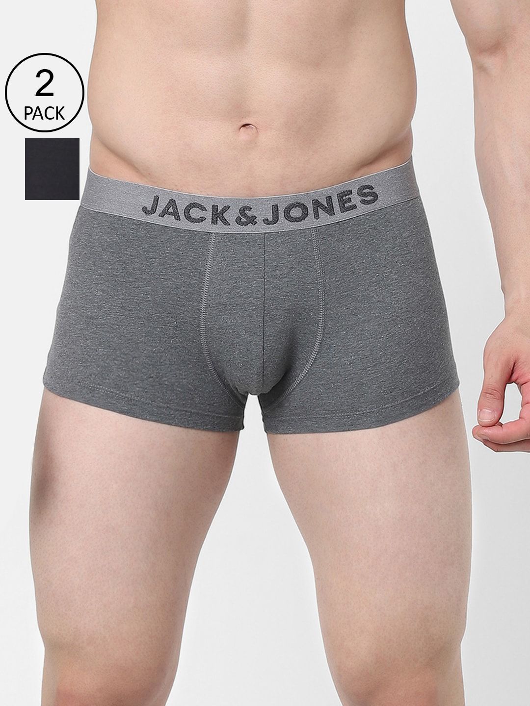 Jack & Jones Pack Of 2 Black & Grey Solid Mid-Rise Trunks