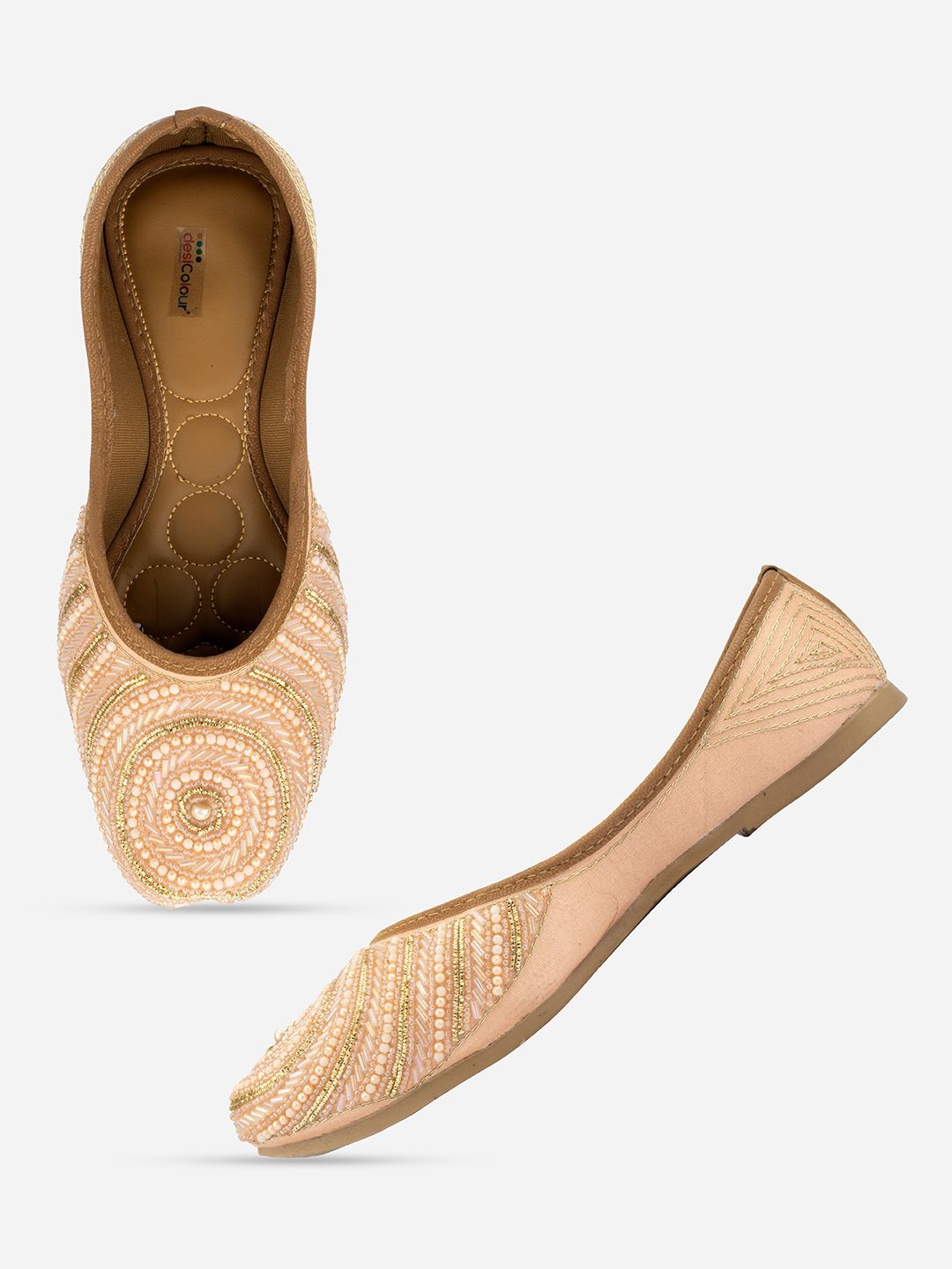 DESI COLOUR Women Peach-Coloured Embellished Leather Ethnic Ballerinas Flats