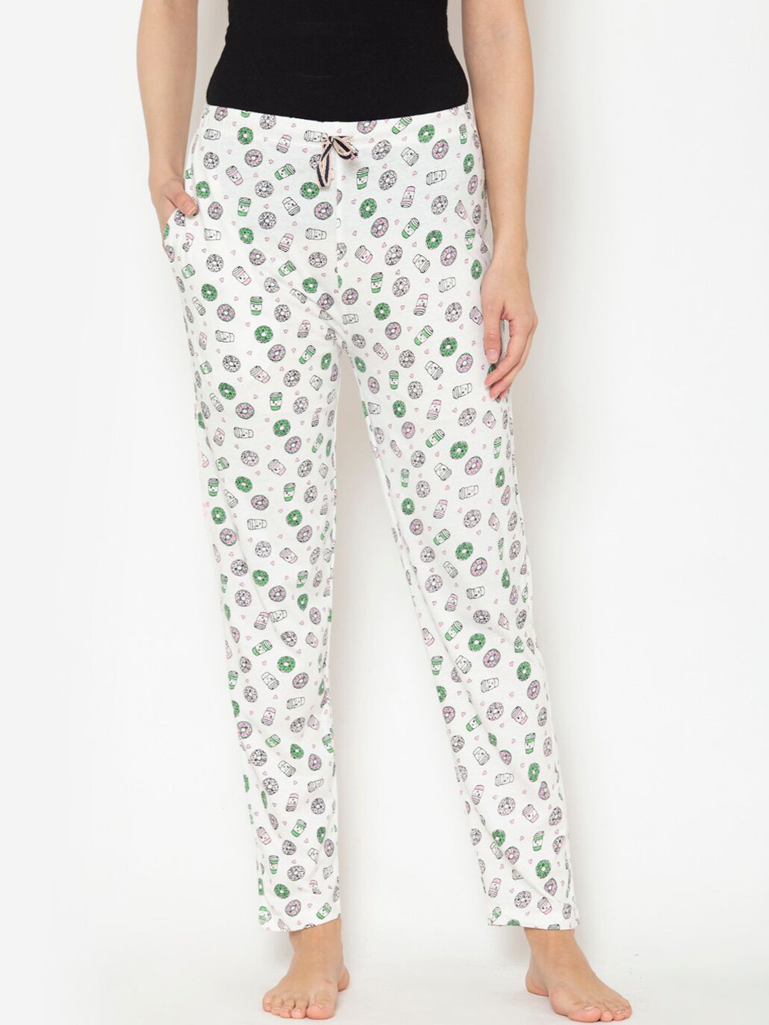 Lounge Dreams Women White & Green Printed Lounge Pants Price in India