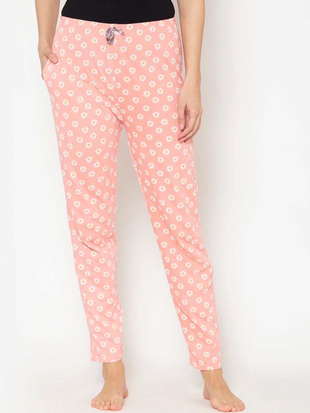 Lounge Dreams Women Pink & White Printed Pure Cotton Lounge Pants Price in India