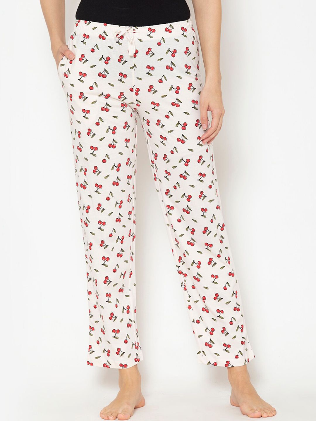 Lounge Dreams Women White & Red Printed Pure Cotton Lounge Pants Price in India