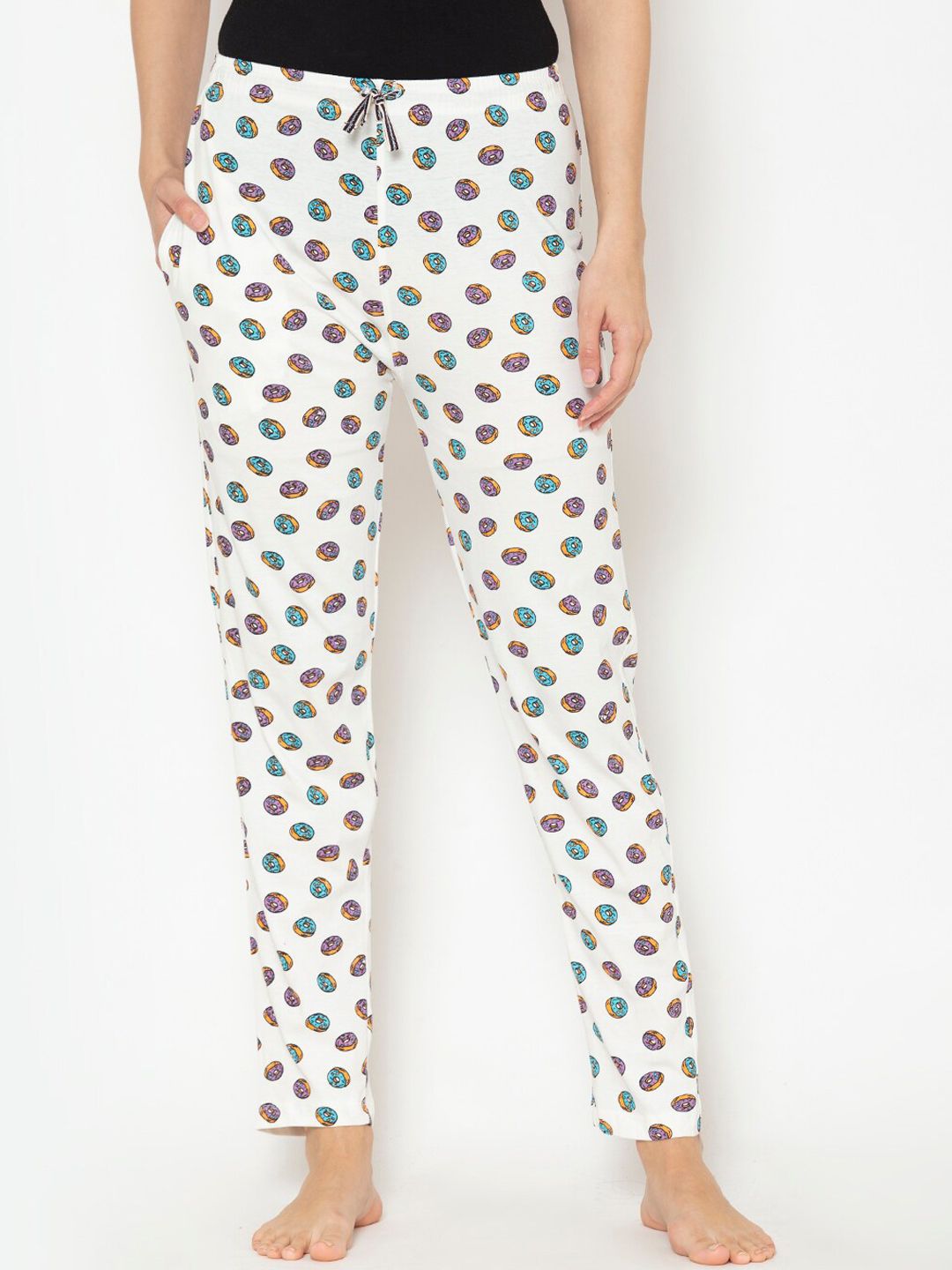 Lounge Dreams Women Off White & Blue Printed Pure Cotton Lounge Pants Price in India