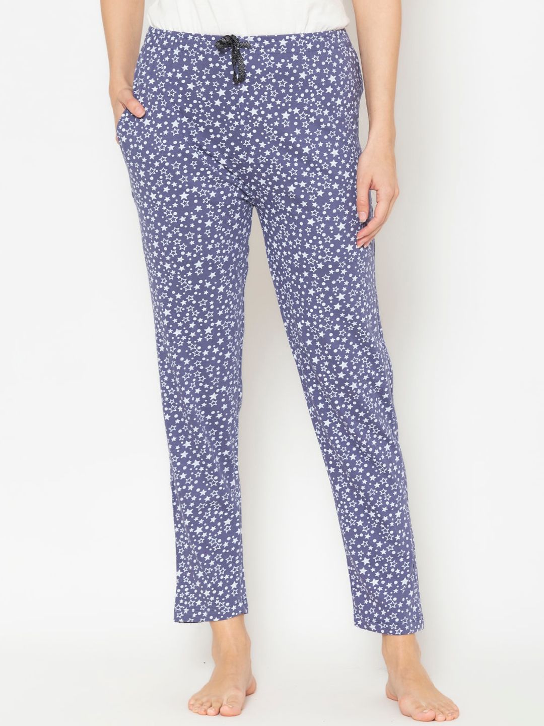 Lounge Dreams Women Blue & White Printed Pure Cotton Lounge Pants Price in India