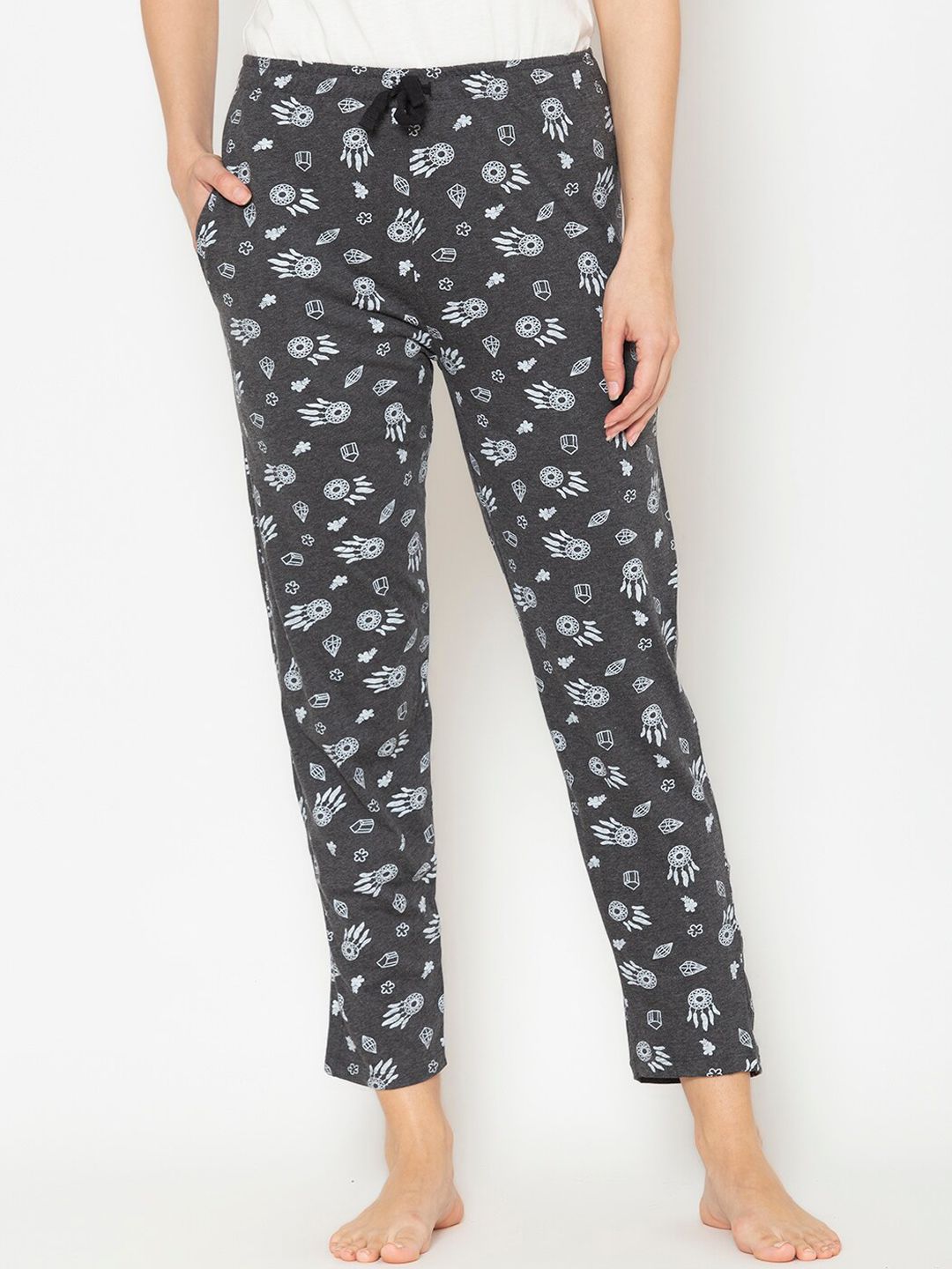 Lounge Dreams Women Grey & White Printed Pure Cotton Lounge Pants Price in India