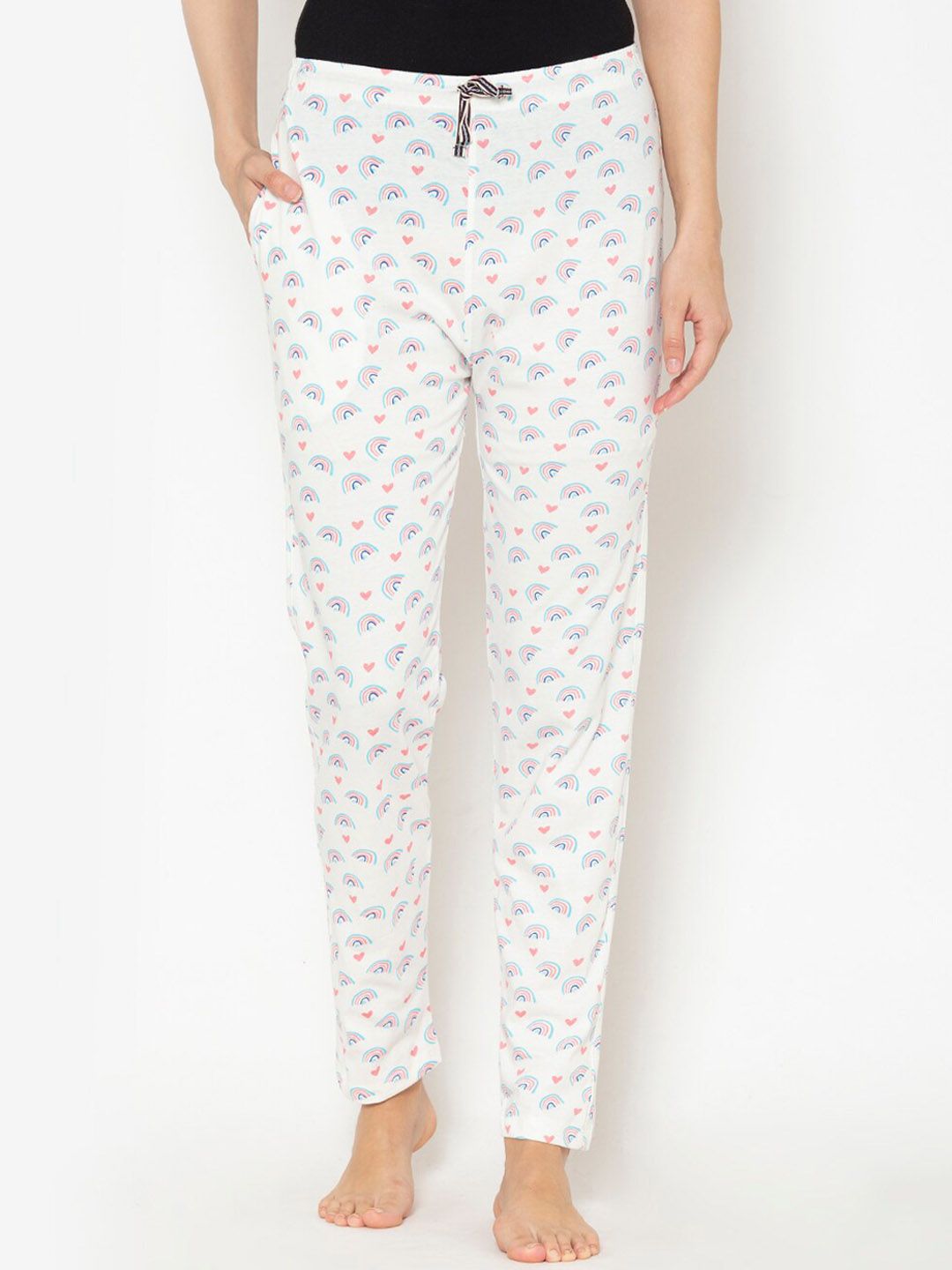 Lounge Dreams Women White & Blue Printed Pure Cotton Lounge Pants Price in India