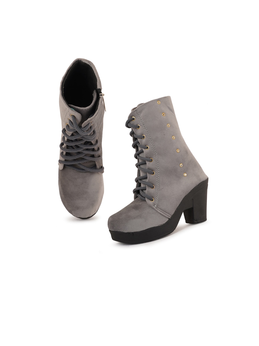 Walkfree Women Grey Suede Flat Boots Price in India