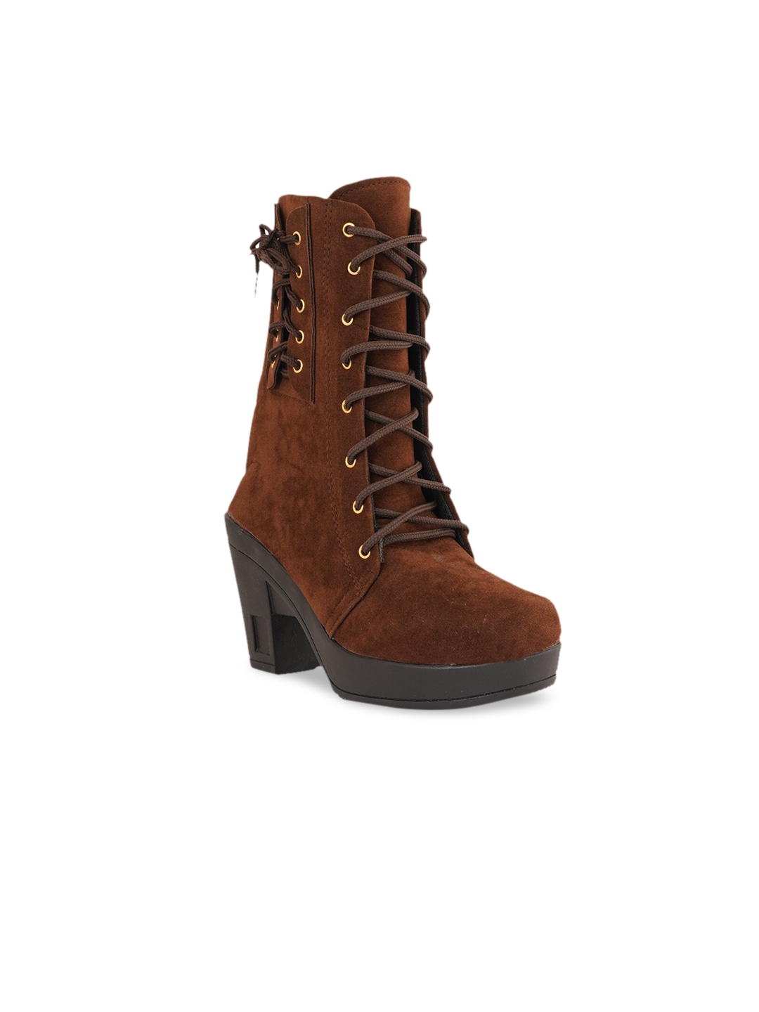 Walkfree Brown Suede High-Top Block Heeled Boots Price in India