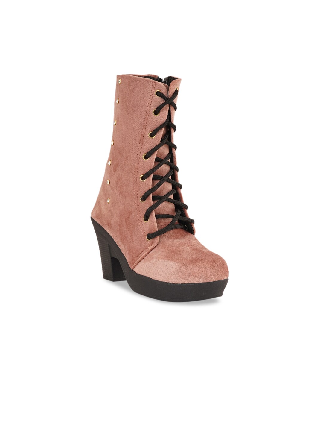 Walkfree Women Peach-Coloured Suede High-Top Flat Boots Price in India