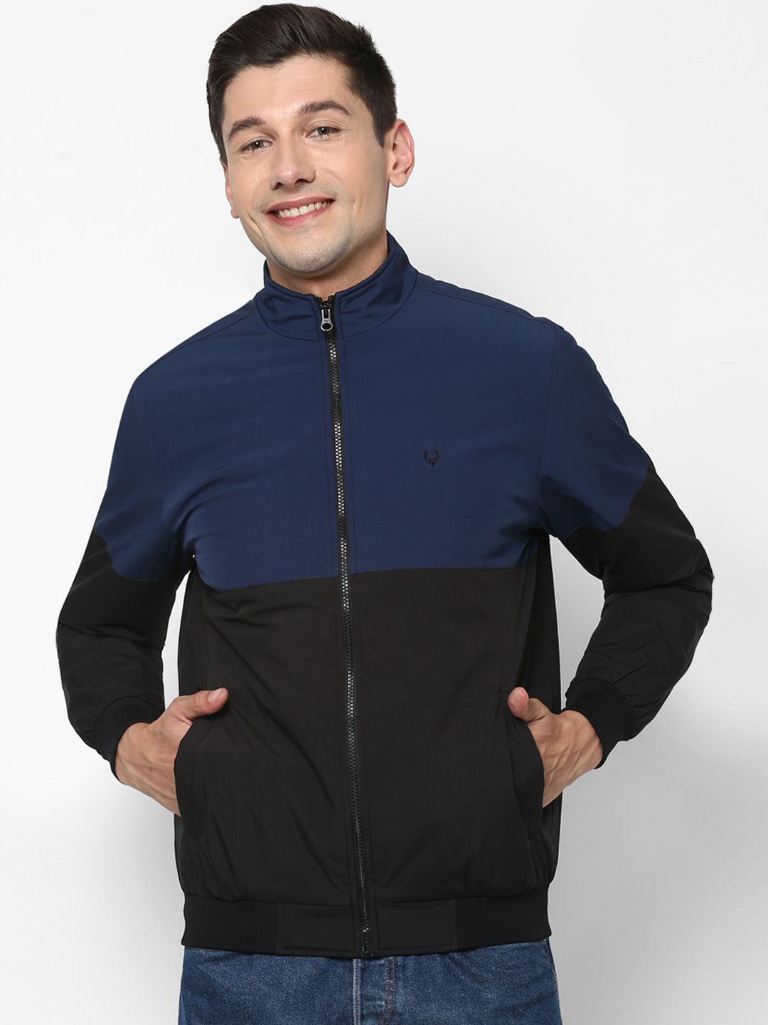 Allen Solly Men Black Blue Colourblocked Bomber Jacket