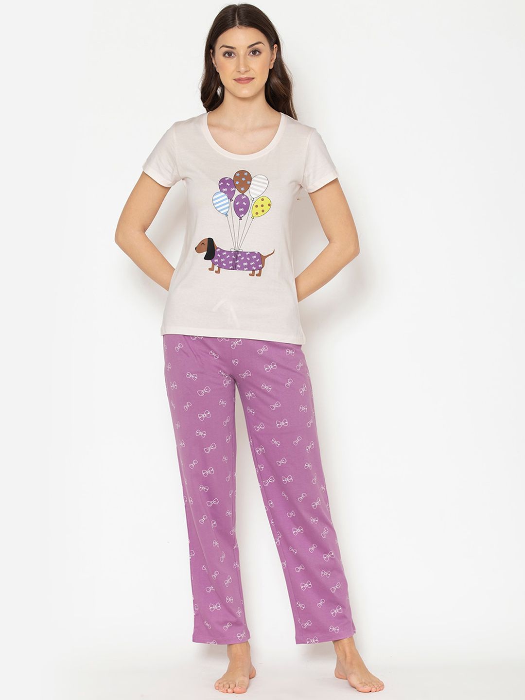 Lounge Dreams Women Purple & White Printed Night suit Price in India