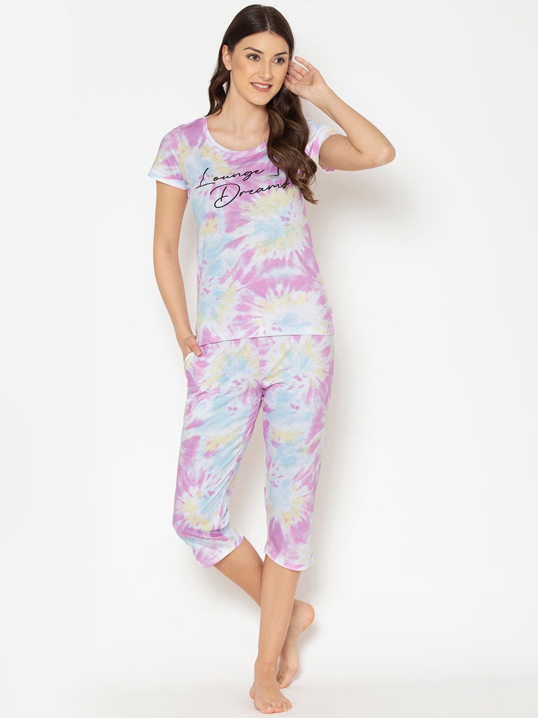 Lounge Dreams Women Lavender & Blue Pure Cotton Printed Night suit Price in India