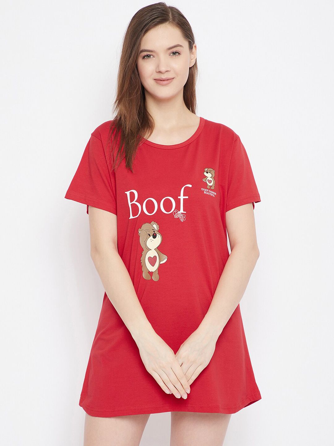 FRENCH FLEXIOUS Women Red & White Printed Lounge T-shirt Price in India