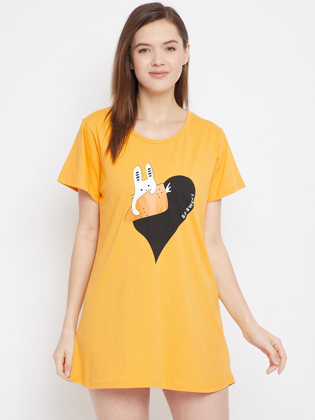 FRENCH FLEXIOUS Women Mustard-Yellow & White Printed Lounge T-shirt Price in India